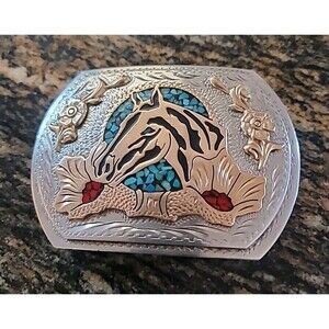 Vtg Wil-Aren Original Belt Buckle Silver Turquoise Coral Western Stallion Cowboy